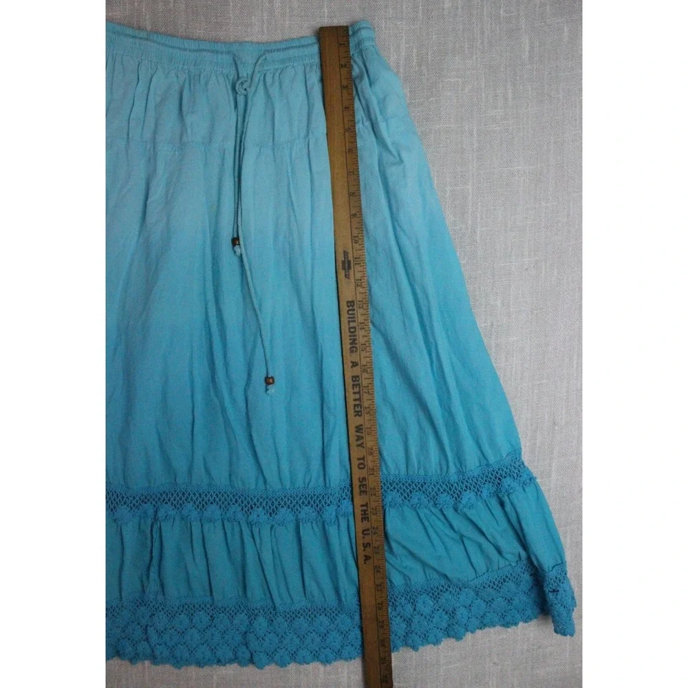 Bobbie Brooks Turquoise Blue Cotton Gauze Crochet Lace Trim Maxi Peasant Skirt M